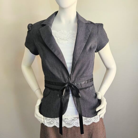 Y2k Puff Cap Sleeve Blazer Top Alt Horror Game Office Siren Y2K 90s Ribbon Sz M - Picture 4 of 7